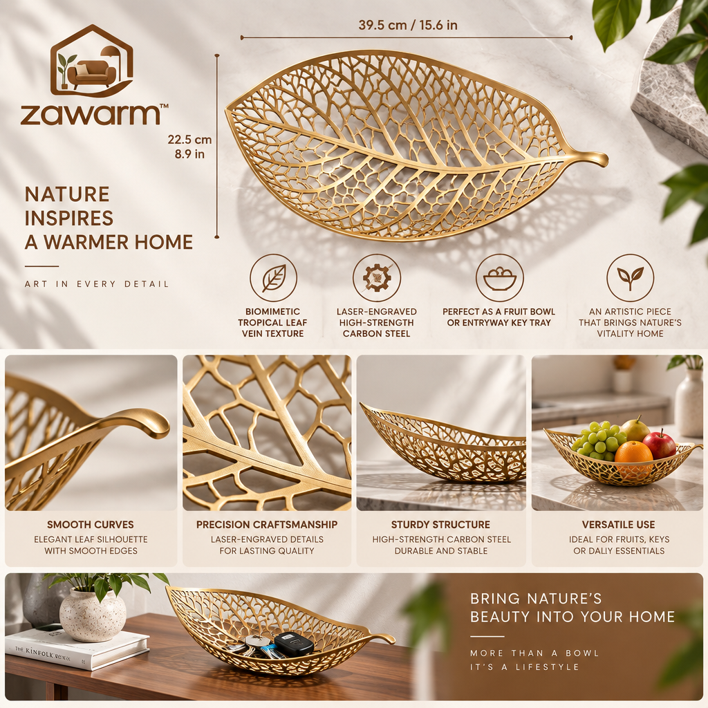 zawarm™ Openwork Metal Art Fruit Bowl with Leaf-Vein Design